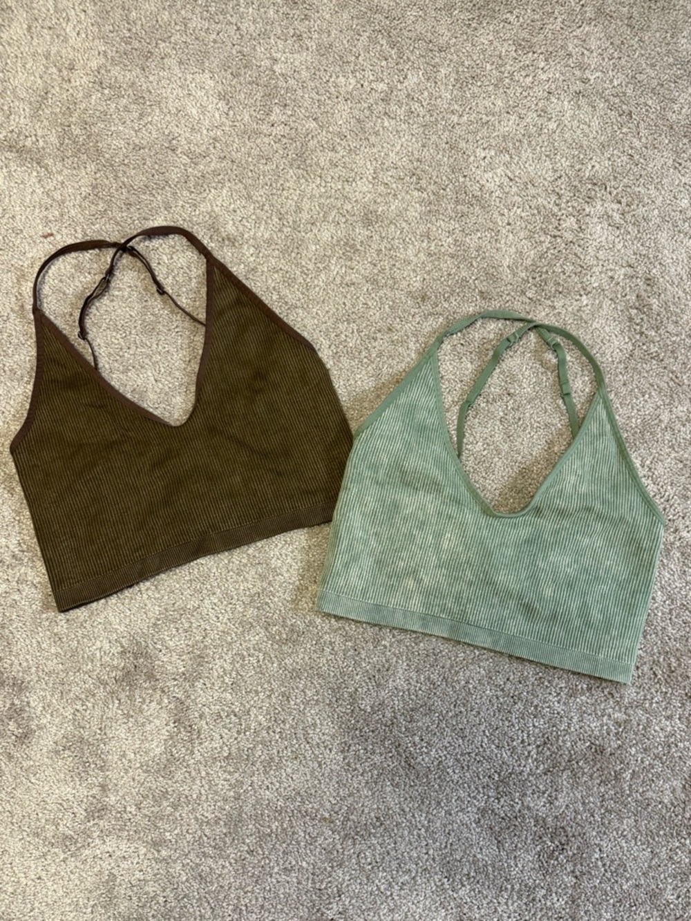 Aerie Ribbed Halter Bralette Tops - Olive & Sage